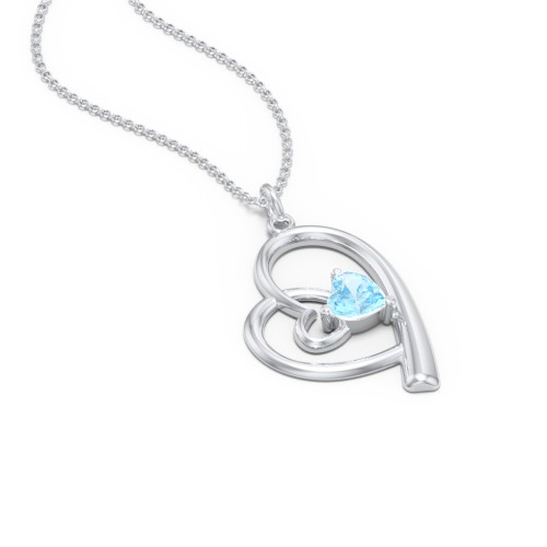 Intertwined Heart In Heart Pendant with Gemstone – Sterling Silver with Blue Topaz