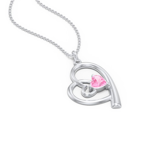 Intertwined Heart In Heart Pendant with Gemstone – Sterling Silver with Pink Tourmaline