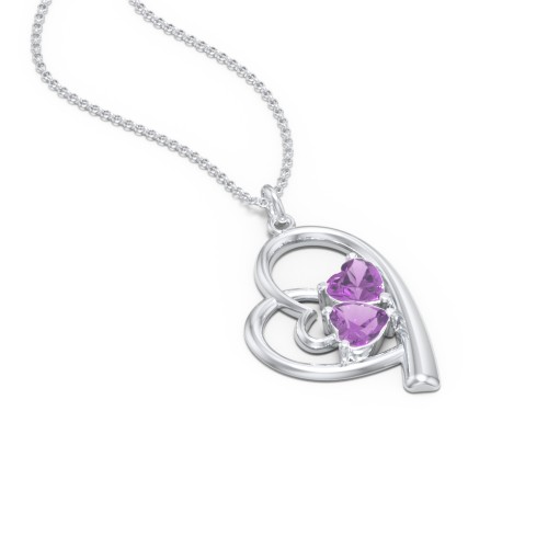 Intertwined Heart In Heart Pendant with 2 Gemstones – Sterling Silver with Amethyst