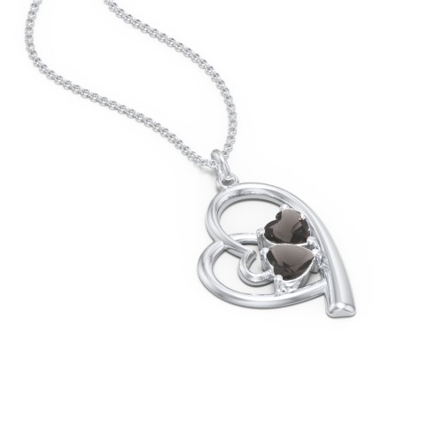 Intertwined Heart In Heart Pendant with 2 Gemstones – Sterling Silver with Smokey Quartz
