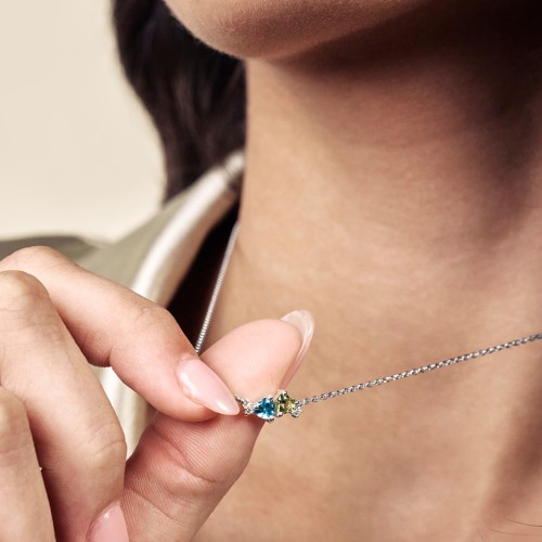 Gemstone Hearts Necklace with Accent Stones – 10K Rose Gold with Emerald, Pink Tourmaline, and Blue Topaz