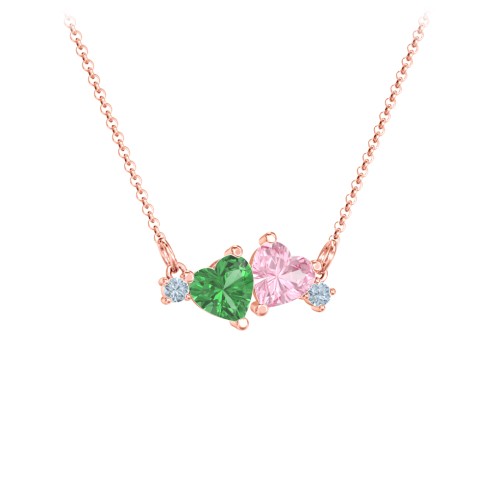 Gemstone Hearts Necklace with Accent Stones – 10K Rose Gold with Emerald, Pink Tourmaline, and Blue Topaz