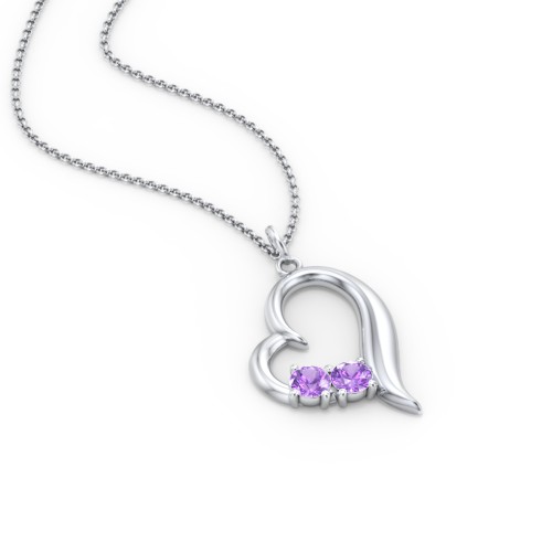 Tilted Open Heart Pendant with Gemstones – Sterling Silver with Amethyst