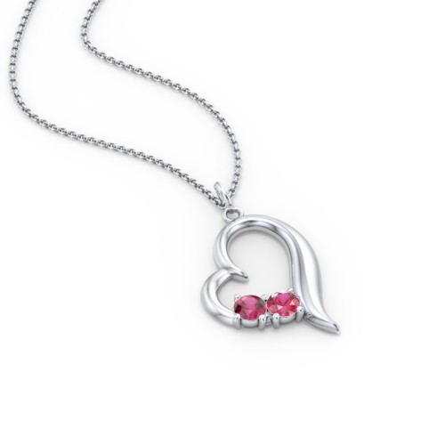 Tilted Open Heart Pendant with Gemstones – Sterling Silver with Ruby