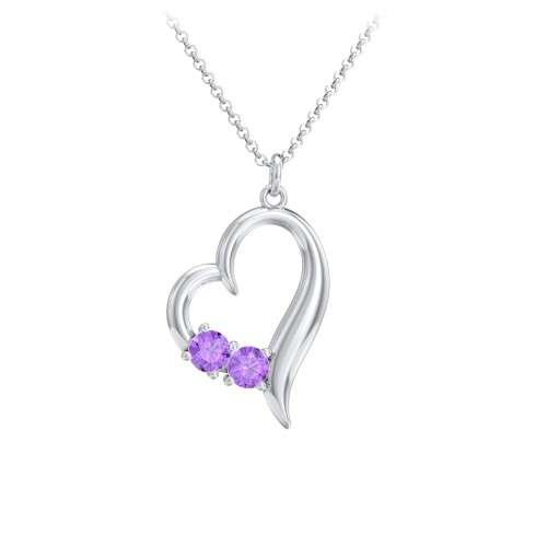 Tilted Open Heart Pendant with Gemstones – Sterling Silver with Amethyst