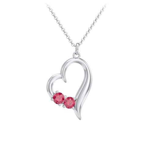 Tilted Open Heart Pendant with Gemstones – Sterling Silver with Ruby