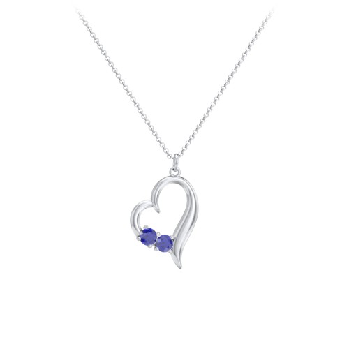 Tilted Open Heart Pendant with Gemstones – Sterling Silver with Blue Sapphire