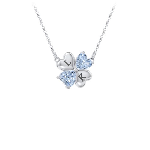 Lucky Clover Hearts And Gemstones Necklace – Sterling Silver with Aquamarine