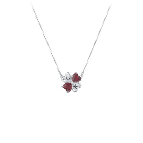 Lucky Clover Hearts And Gemstones Necklace – Sterling Silver with Ruby