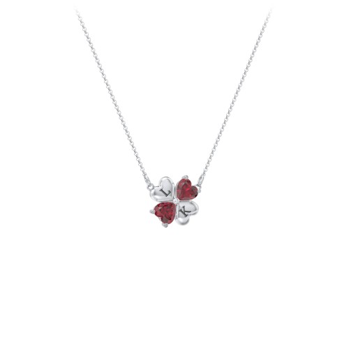Lucky Clover Hearts And Gemstones Necklace – Sterling Silver with Ruby