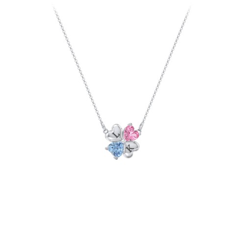Lucky Clover Hearts And Gemstones Necklace – Sterling Silver with Pink Tourmaline and Blue Topaz