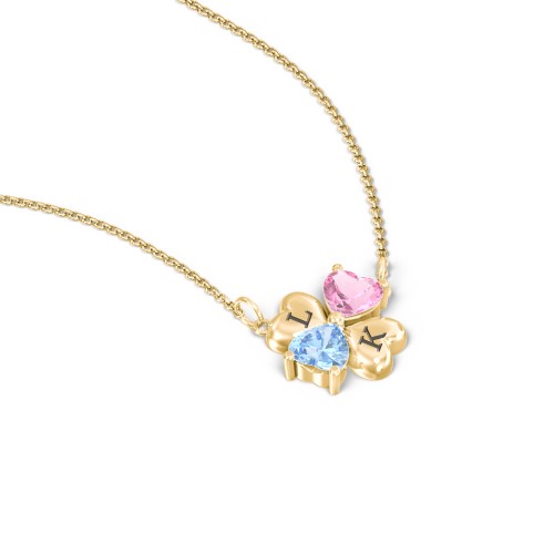 Lucky Clover Hearts And Gemstones Necklace – 10K Yellow Gold with Pink Tourmaline and Blue Topaz