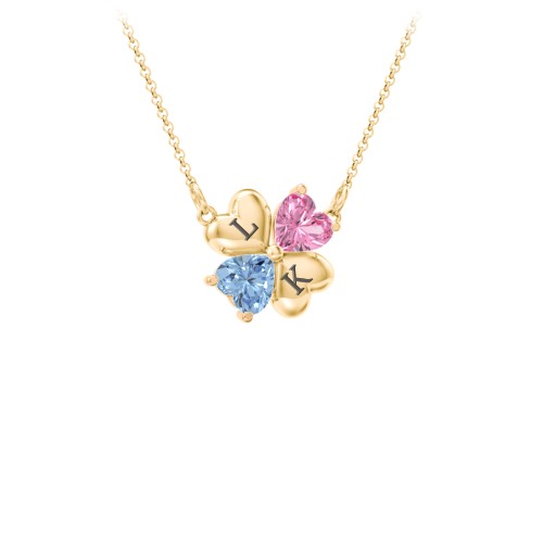 Lucky Clover Hearts And Gemstones Necklace – 10K Yellow Gold with Pink Tourmaline and Blue Topaz