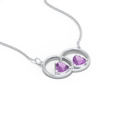 Interlocking Rings Pendant with Heart Gemstones – Sterling Silver with Amethyst