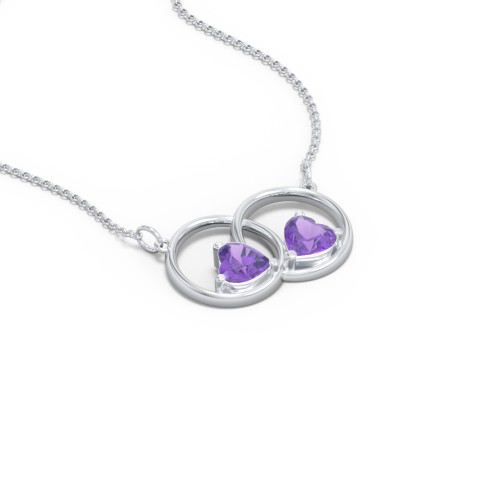 Interlocking Rings Pendant with Heart Gemstones – Sterling Silver with Amethyst