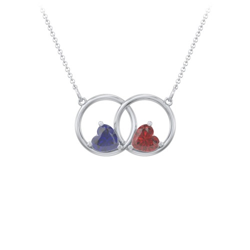 Interlocking Rings Pendant with Heart Gemstones – Sterling Silver with Blue Sapphire and Garnet