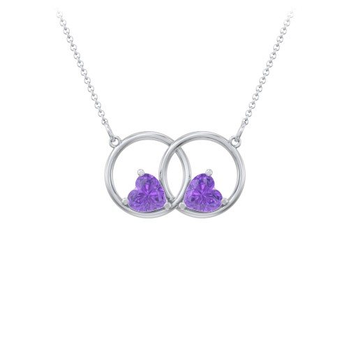 Interlocking Rings Pendant with Heart Gemstones – Sterling Silver with Amethyst