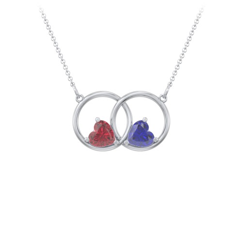Interlocking Rings Pendant with Heart Gemstones – Sterling Silver with Ruby and Blue Sapphire