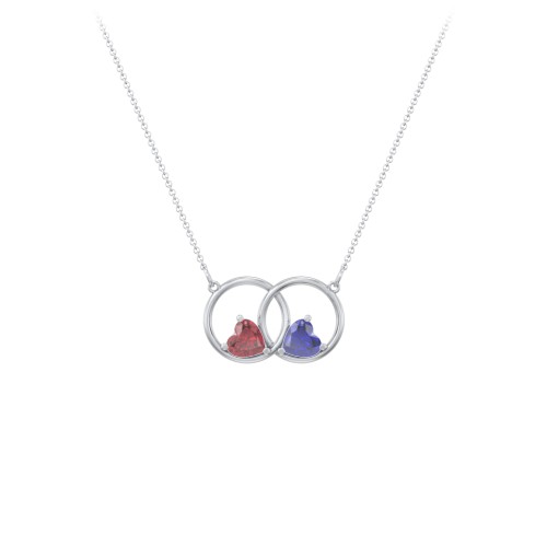 Interlocking Rings Pendant with Heart Gemstones – Sterling Silver with Ruby and Blue Sapphire