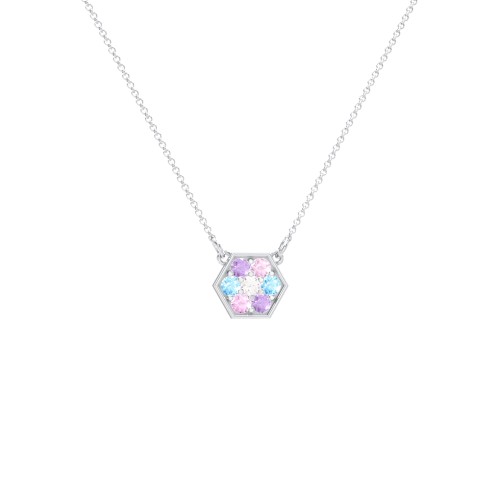 Hexagon Family Birthstone Necklace – Sterling Silver with Amethyst, Pink Tourmaline, Blue Topaz, and Cubic Zirconia