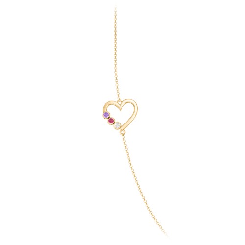 Satellite 3-Stone Heart and Initials Necklace – 10K Yellow Gold with Amethyst, Ruby, and Cubic Zirconia