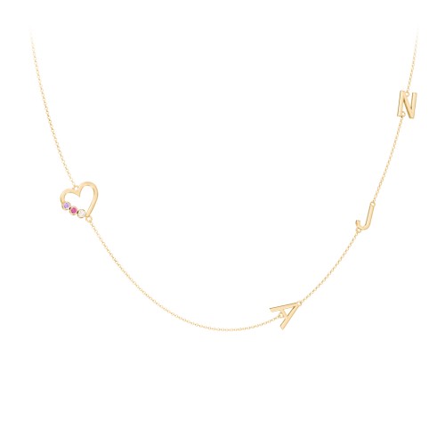 Satellite 3-Stone Heart and Initials Necklace – 10K Yellow Gold with Amethyst, Ruby, and Cubic Zirconia