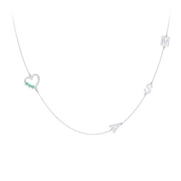 Satellite 3-Stone Heart and Initials Necklace in 925 Sterling Silver with Emerald