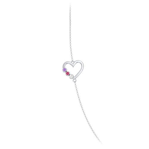 Satellite 3-Stone Heart and Initials Necklace – Sterling Silver with Amethyst, Ruby, and Cubic Zirconia