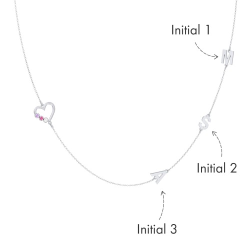 Satellite 3-Stone Heart and Initials Necklace – Sterling Silver with Amethyst, Ruby, and Cubic Zirconia