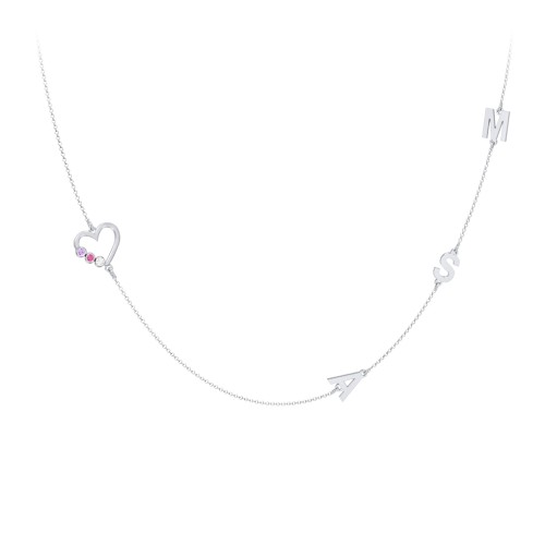 Satellite 3-Stone Heart and Initials Necklace – Sterling Silver with Amethyst, Ruby, and Cubic Zirconia