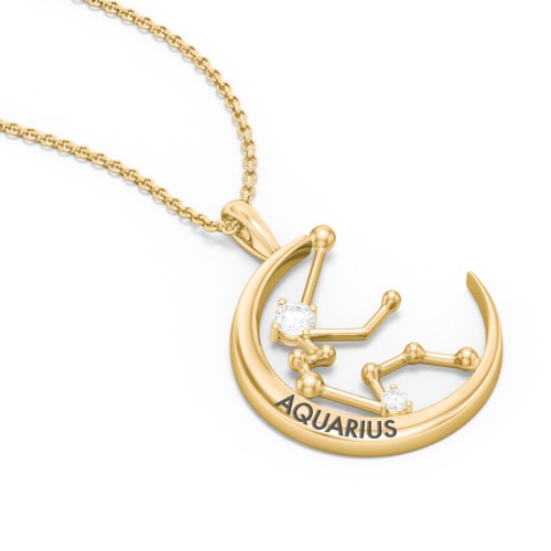 Engravable Aquarius Constellation Necklace With Gemstone – 18K Gold Plated Silver with Diamond