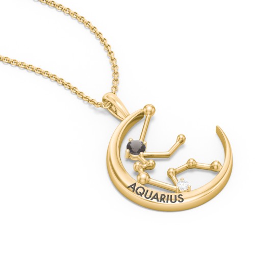 Engravable Aquarius Constellation Necklace With Gemstone – 18K Gold Plated Silver with Smokey Quartz and White Premium Zirconia