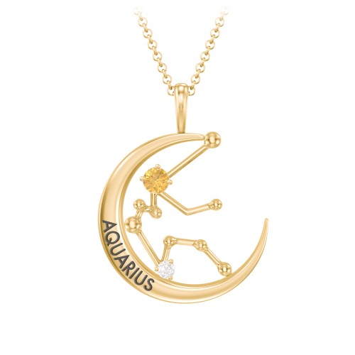 Engravable Aquarius Constellation Necklace With Gemstone – 18K Gold Plated Silver with Citrine and White Premium Zirconia