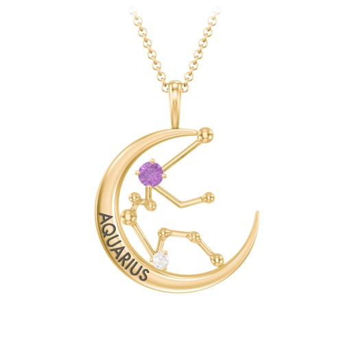 Engravable Aquarius Constellation Necklace With Gemstone – 18K Gold Plated Silver with Amethyst and White Premium Zirconia