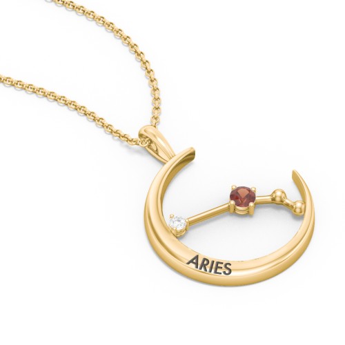 Engravable Aries Constellation Necklace With Gemstone – 18K Gold Plated Silver with Garnet and White Premium Zirconia