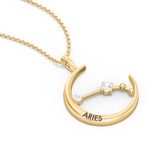 Engravable Aries Constellation Necklace With Gemstone – 18K Gold Plated Silver with Cubic Zirconia and White Premium Zirconia