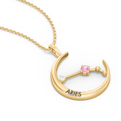 Engravable Aries Constellation Necklace With Gemstone – 18K Gold Plated Silver with Pink Tourmaline and White Premium Zirconia