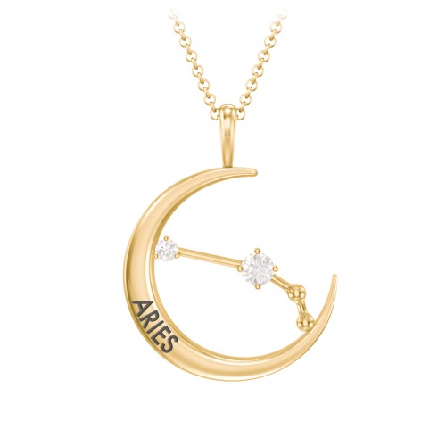 Engravable Aries Constellation Necklace With Gemstone – 18K Gold Plated Silver with Cubic Zirconia and White Premium Zirconia