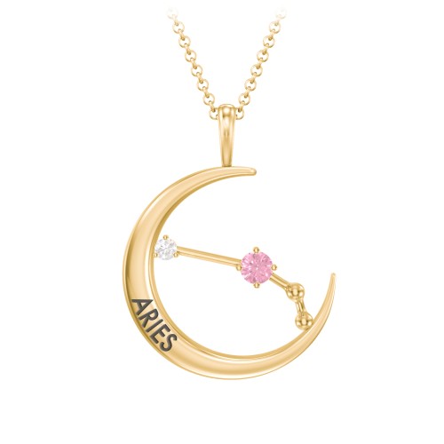 Engravable Aries Constellation Necklace With Gemstone – 18K Gold Plated Silver with Pink Tourmaline and White Premium Zirconia