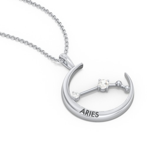 Engravable Aries Constellation Necklace With Gemstone – Sterling Silver with Cubic Zirconia and White Premium Zirconia