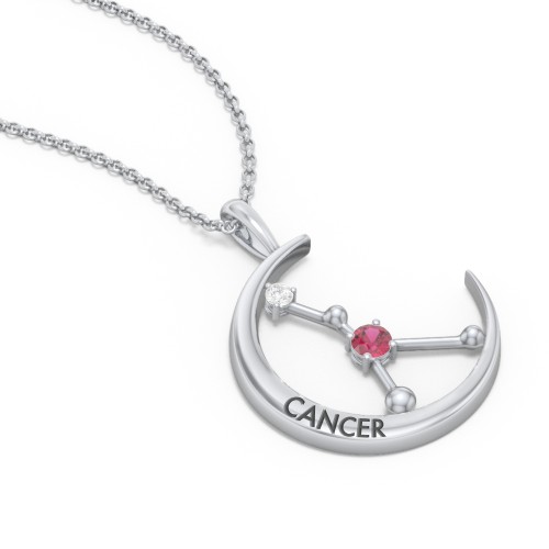 Engravable Cancer Constellation Necklace With Gemstone – Sterling Silver with Ruby and White Premium Zirconia