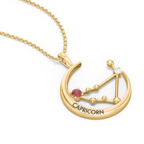 Engravable Capricorn Constellation Necklace With Gemstone – 18K Gold Plated Silver with Garnet and White Premium Zirconia