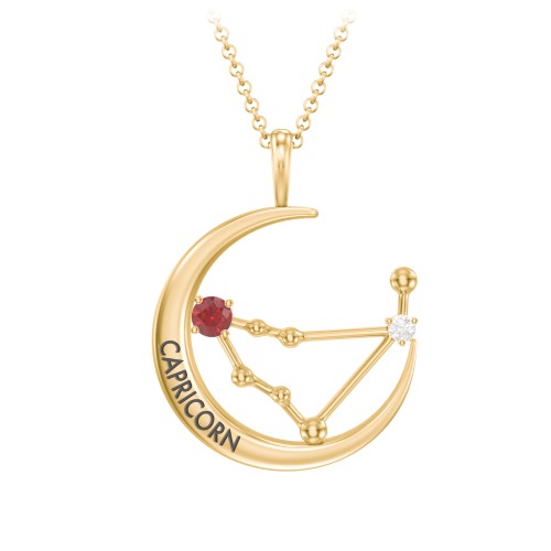 Engravable Capricorn Constellation Necklace With Gemstone – 18K Gold Plated Silver with Garnet and White Premium Zirconia