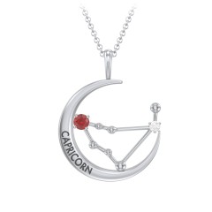Engravable Capricorn Constellation Necklace With Gemstone – Sterling Silver with Garnet and White Premium Zirconia