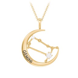 Engravable Gemini Constellation Necklace With Gemstone in 18K Gold Plated Silver with Diamond