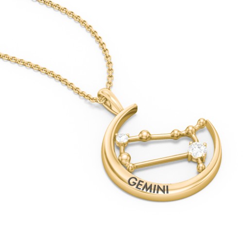 Engravable Gemini Constellation Necklace With Gemstone – 18K Gold Plated Silver with Diamond