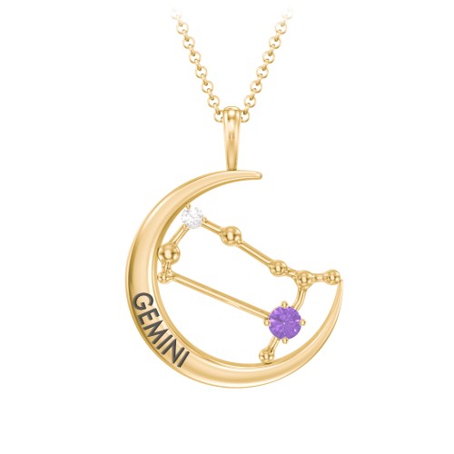 Engravable Gemini Constellation Necklace With Gemstone – 18K Gold Plated Silver with Amethyst and White Premium Zirconia