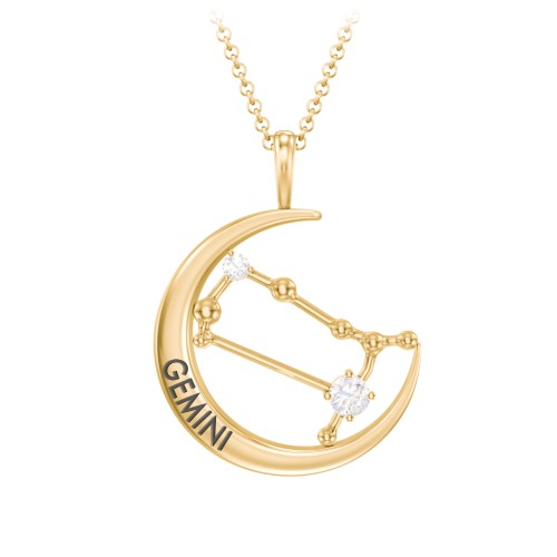 Engravable Gemini Constellation Necklace With Gemstone – 18K Gold Plated Silver with Diamond
