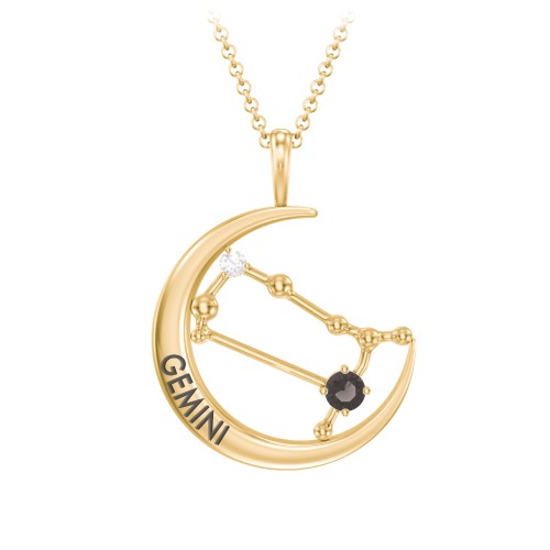 Engravable Gemini Constellation Necklace With Gemstone – 18K Gold Plated Silver with Smokey Quartz and White Premium Zirconia