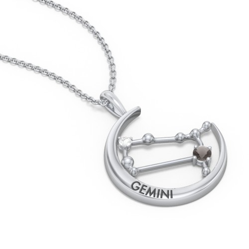 Engravable Gemini Constellation Necklace With Gemstone – Sterling Silver with Smokey Quartz and White Premium Zirconia